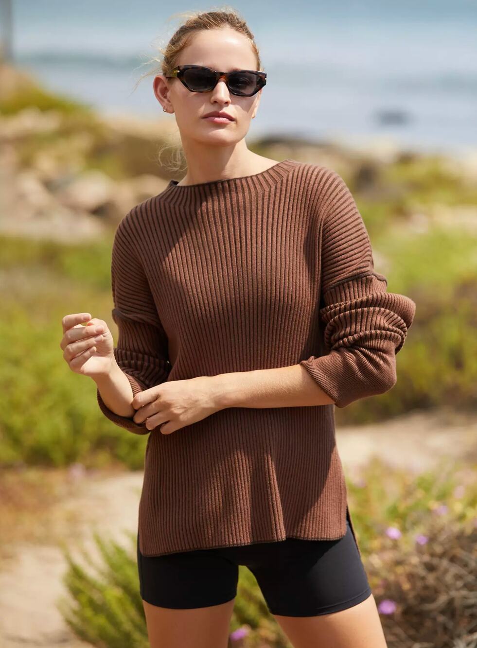 Varley Emile Rib Knit Pullover Sweater Brown Minimalist Elevated Basics Size XS